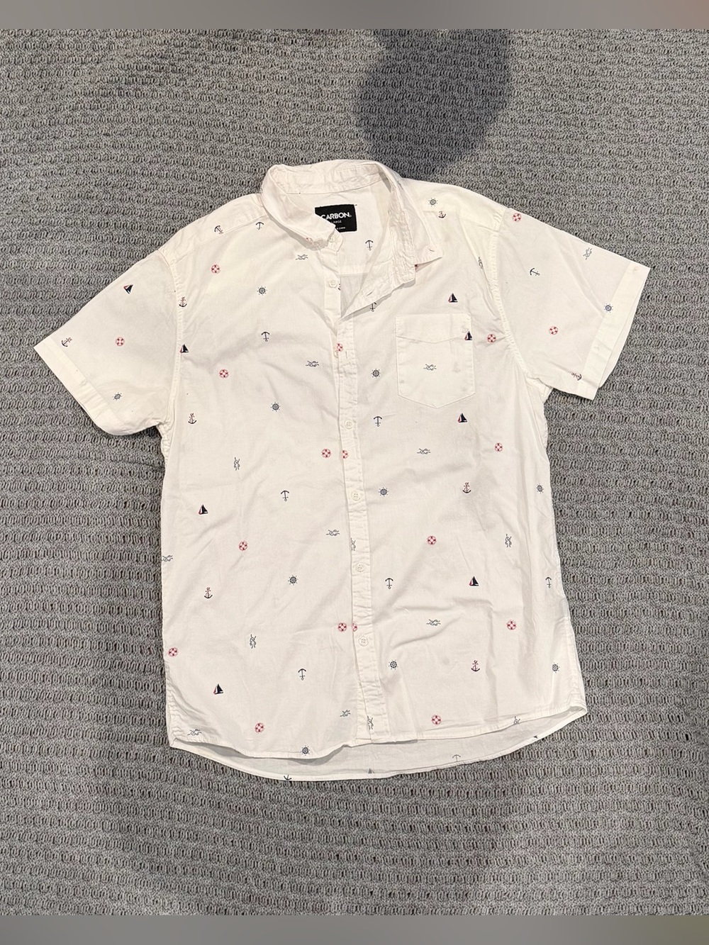Carbon White Short-Sleeve Button-Down Shirt with Red & Blue Nautical Embroidery